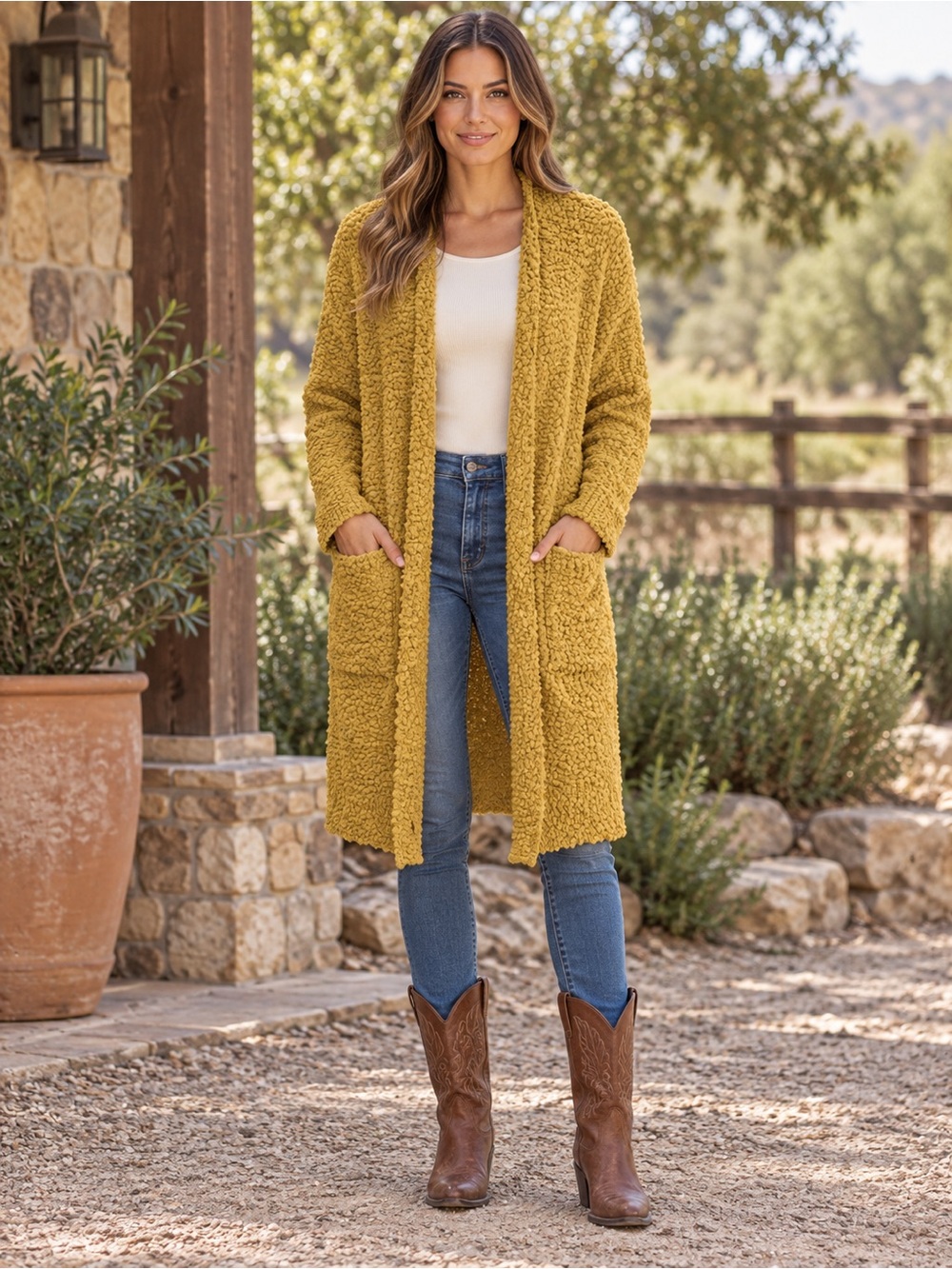 H251M Zesica M Mustard Popcorn Knit Open-Front Cardigan Sweater